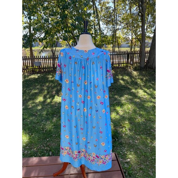 Blue Floral Butterfly Print Short Sleeve House Dress 1X By Metropolitan 100% Pol - Picture 4 of 9